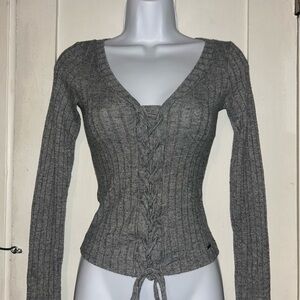 Hollister Grey Ribbed Lace-Up Long Sleeve Top